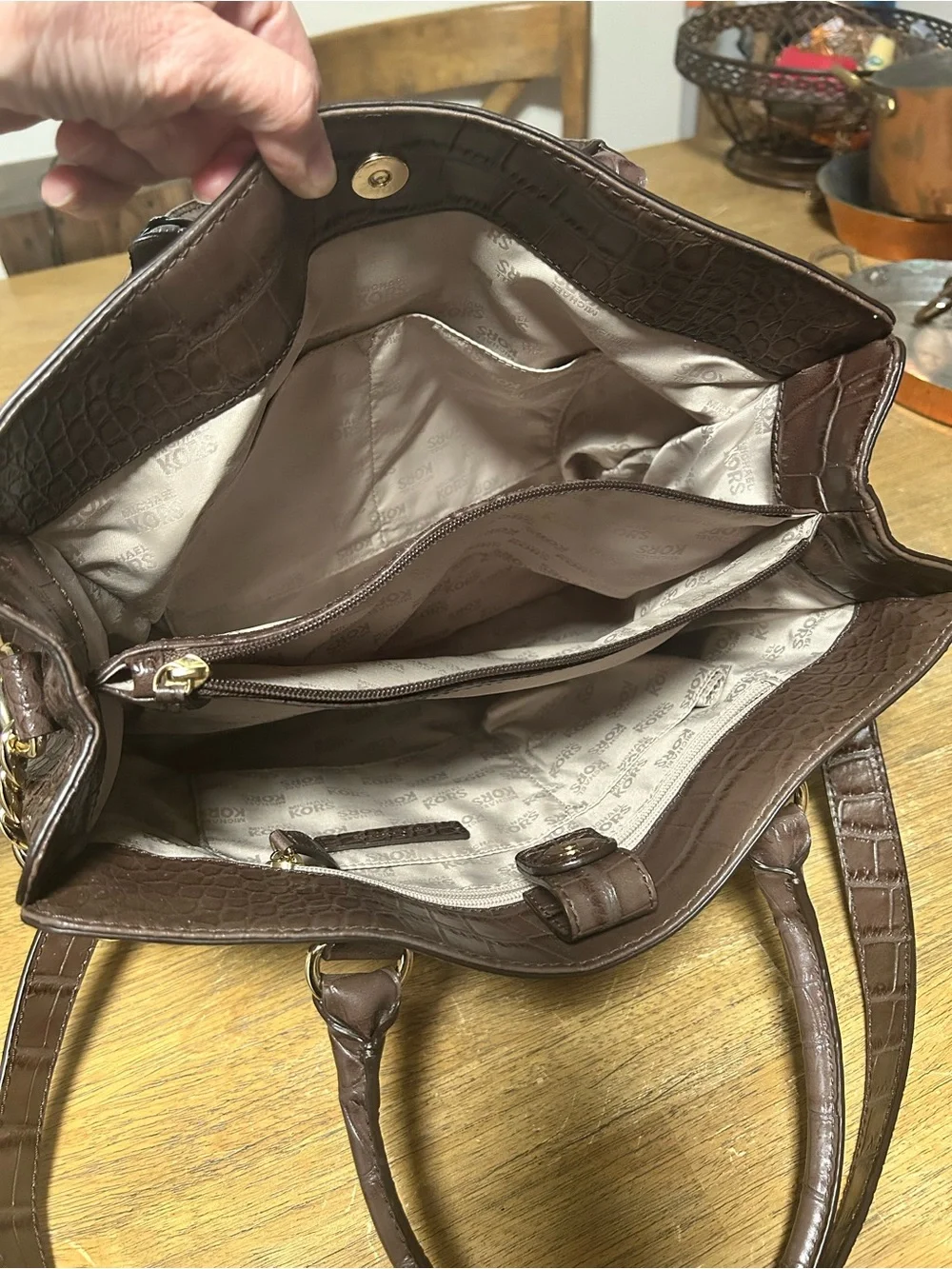 Michael Kors Brown Snake-Embossed Satchel with Gold Hardware